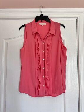 LOFT Coral Ruffle Front Sleeveless Blouse